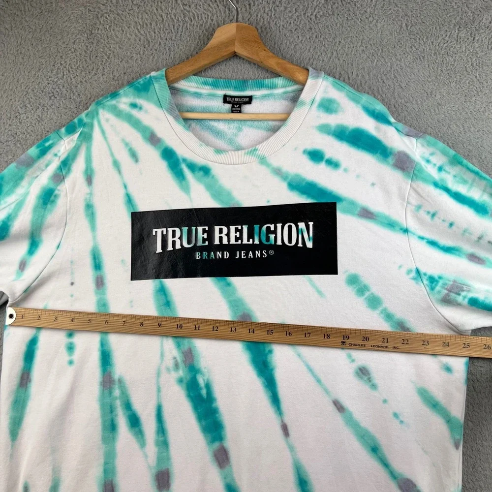 True Religion Mens 3XL Tie Dye Box Logo Crewneck Sweatshirt Teal White Pullover